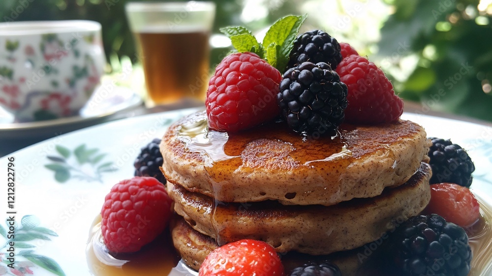 Fluffy Pancakes Topped with Berries and Maple Syrup on a Plate Fluffy Pancakes Topped with Berries and Maple Syrup on a Plate