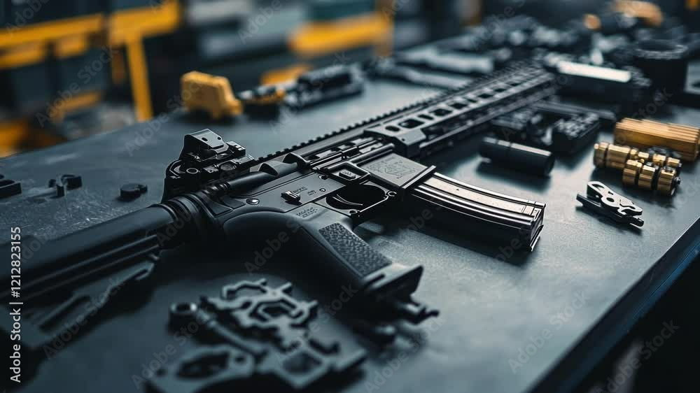 Modern sporting rifle is being assembled or modified on a workbench in a factory or workshop, surrounded by various parts and accessories