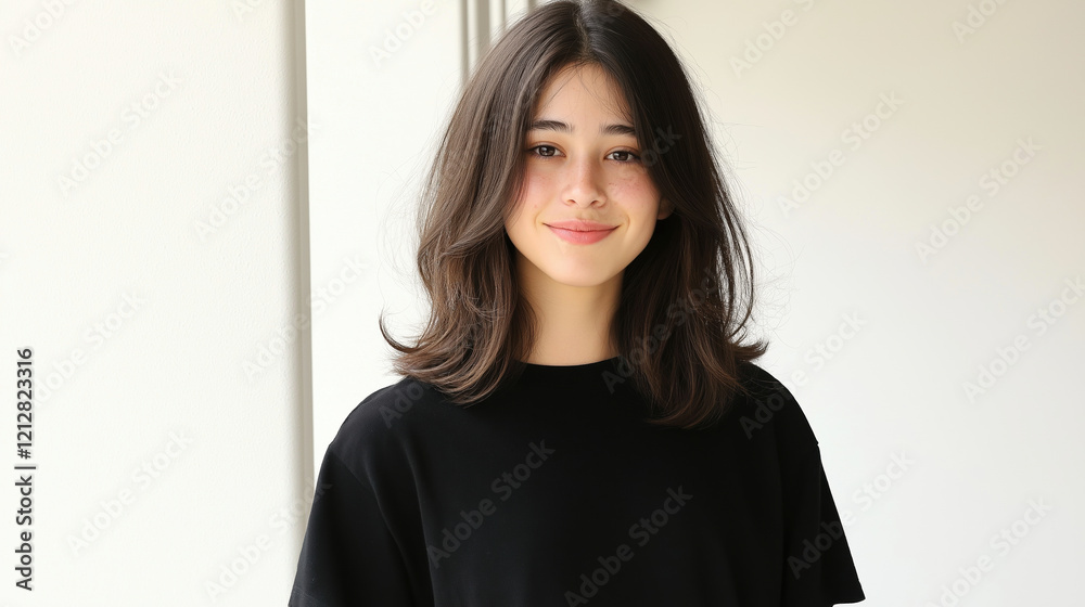 Smiling young Caucasian woman in casual black attire indoors Smiling young Caucasian woman in casual black attire indoors