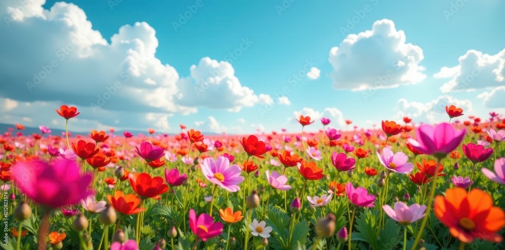 Cosmos field, intensely colored petals against a cloudless sky , image, stunning Cosmos field, intensely colored petals against a cloudless sky , image, stunning