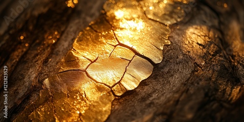 Golden flakes on wooden bark capture the essence of nature blended with luxury and beauty. photo