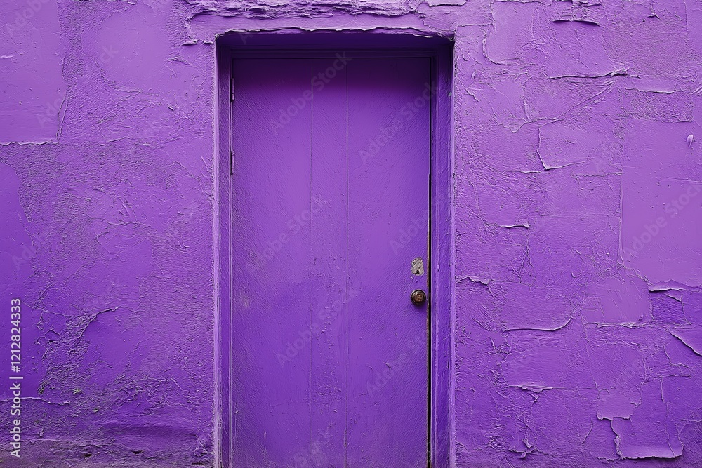 A striking purple door set within a textured purple wall, radiating artistic charm and vibrant energy. A striking purple door set within a textured purple wall, radiating artistic charm and vibrant energy.