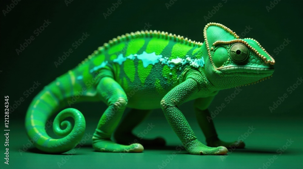 Obraz premium A Vibrant Green Chameleon Poses Elegantly Against a Matching Background, Showcasing Its Intricate Scales and Striking Features