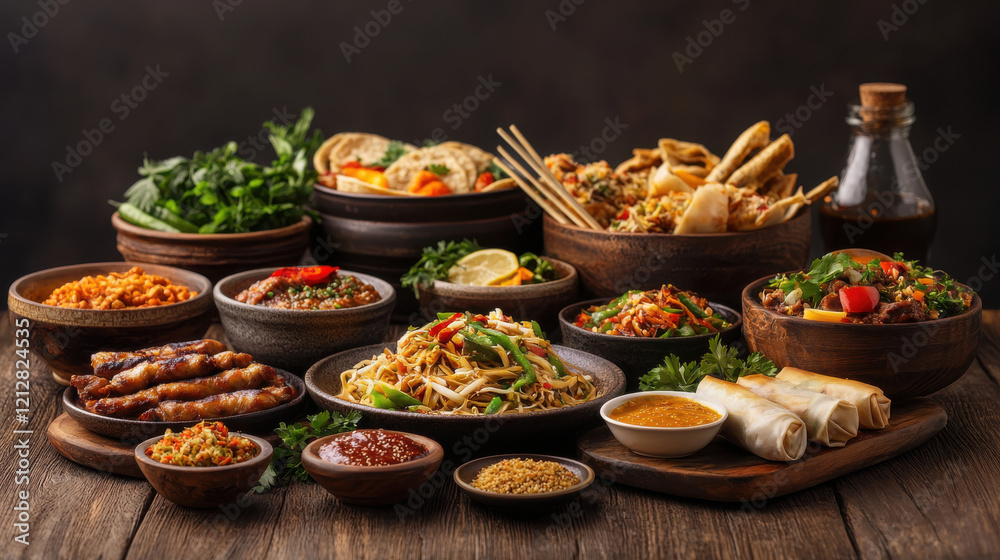 Fototapeta premium vibrant assortment of Southeast Asian cuisine featuring noodles, spring rolls, grilled meats, and fresh herbs, beautifully arranged in rustic bowls