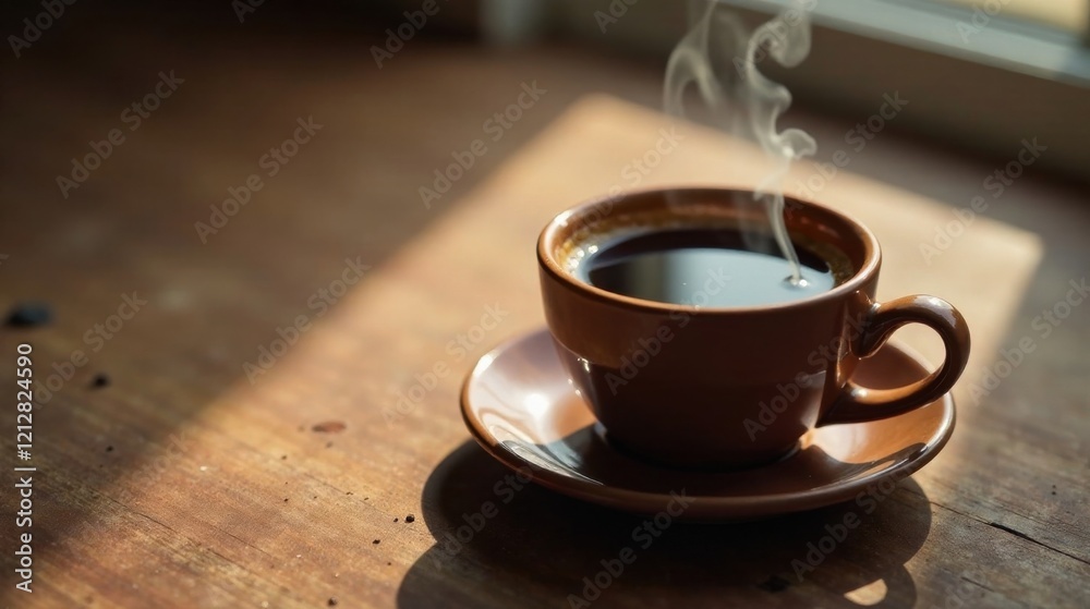 Aromatic Coffee in a Brown Mug on Rustic Wooden Table, Sunlight Streaming Through Window Aromatic Coffee in a Brown Mug on Rustic Wooden Table, Sunlight Streaming Through Window