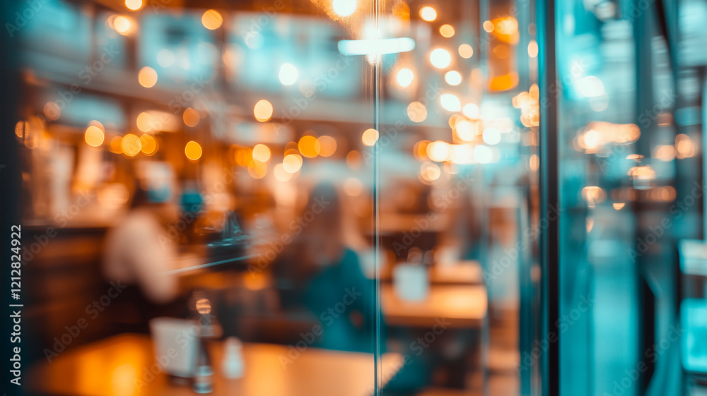 Blurred view of the interior of a cozy and lively restaurant through the glass. Blurred view of the interior of a cozy and lively restaurant through the glass.