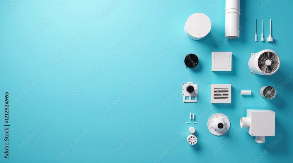 A Collection of Modern Ventilation System Components on a Vibrant Blue Background A Collection of Modern Ventilation System Components on a Vibrant Blue Background