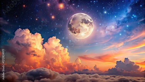 Pastel Coral Night Sky with Stars, Moon, Clouds - Rule of Thirds