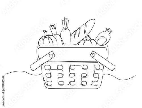 Continuous one line drawing of food grocery basket. Vegetables, fruits and bread in the shopping basket  draw in single line draw illustration. Editable stroke.