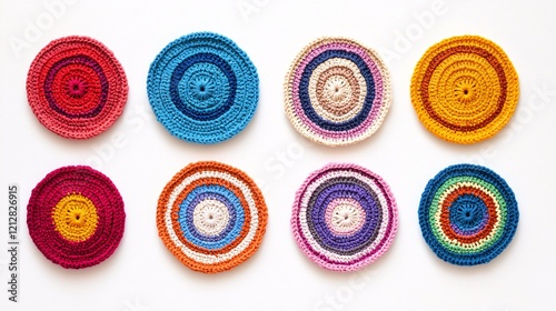 Colorful Crochet Circles in a Flat Lay Arrangement on White Background