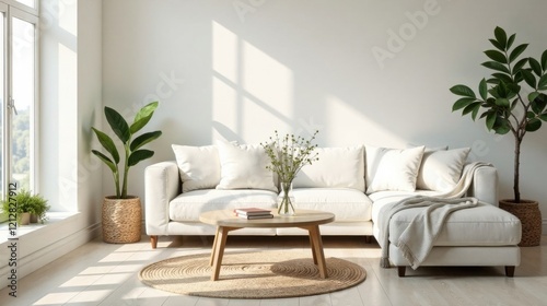 Serene Living Room Interior Design Featuring a Neutral Color Palette and Natural Elements