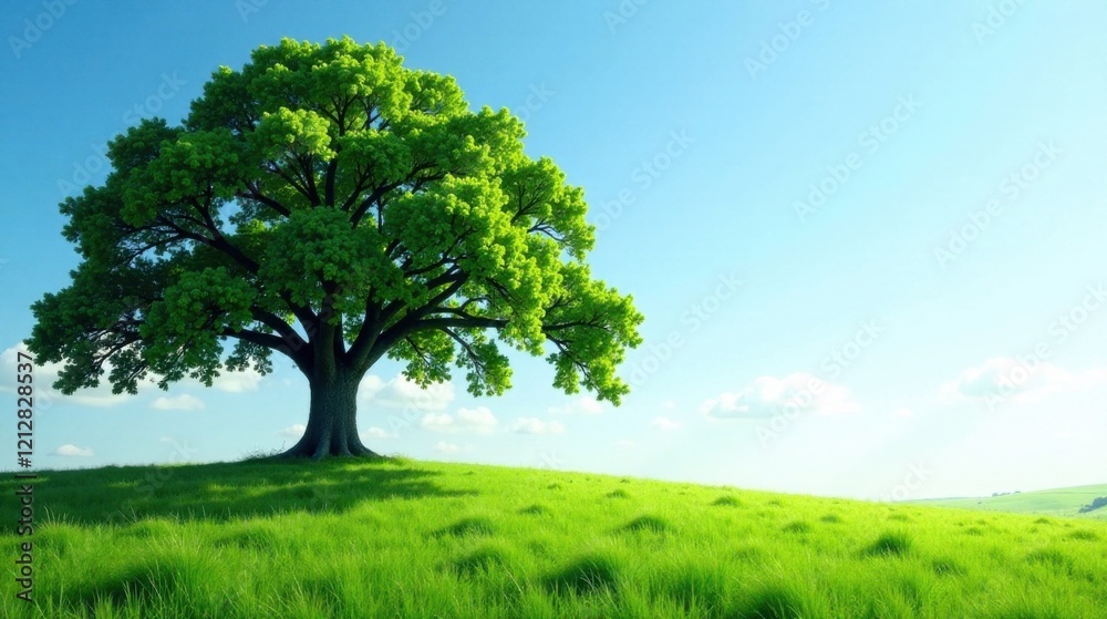 Obraz premium Serene Landscape Featuring a Majestic Oak Tree on a Verdant Hill Under a Clear Blue Sky