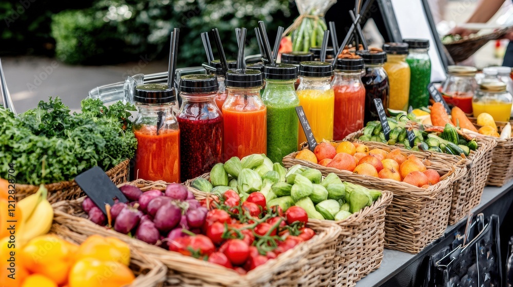 Fresh and vibrant juicing station at a farmers market showcasing local produce Fresh and vibrant juicing station at a farmers market showcasing local produce