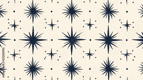 Minimalist Starry Night Pattern with Bold Stars and Dotted Details, Graphic Design, Symmetrical Arrangement