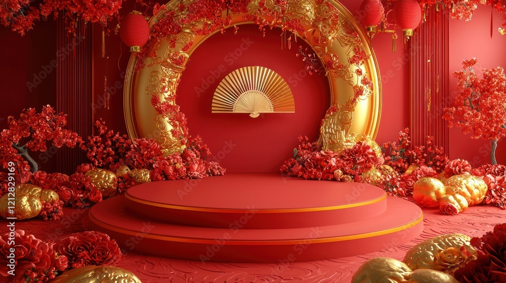 Obraz premium Red podium with gold fan, flowers, lanterns for Lunar New Year product display.