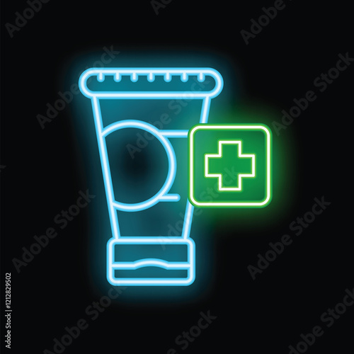 Neon sign of a tube of ointment with a green cross next to it, suggesting its medical purpose