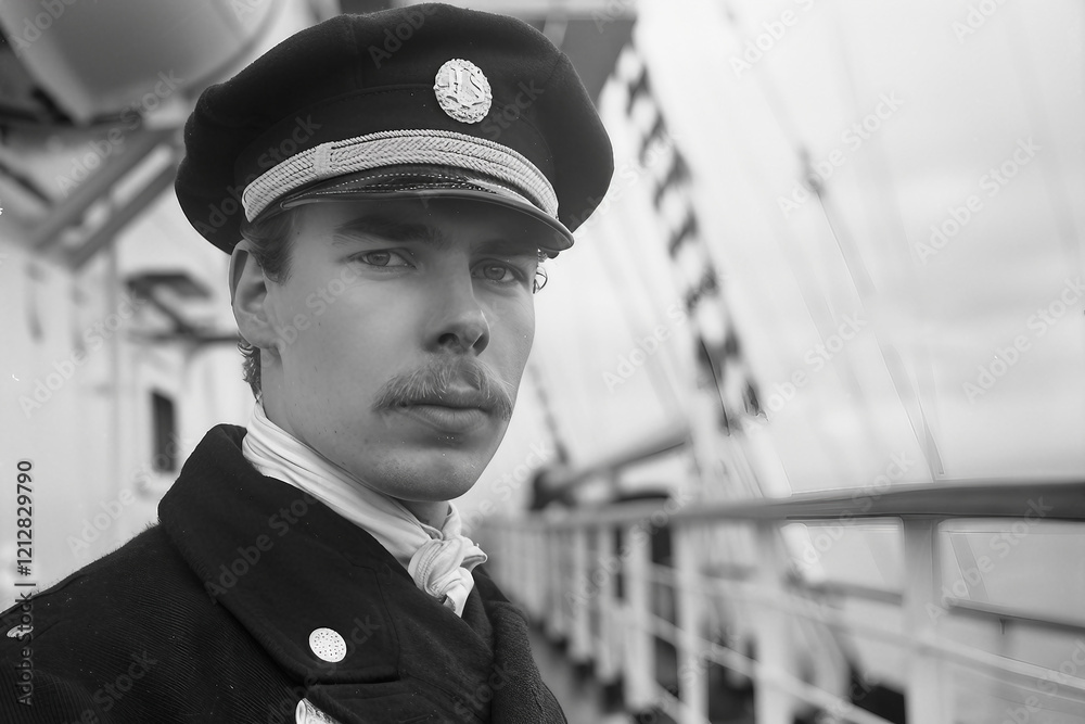 Generative AI portrait of a ship captain in uniform, standing near boats at the marina, professional maritime theme Generative AI portrait of a ship captain in uniform, standing near boats at the marina, professional maritime theme