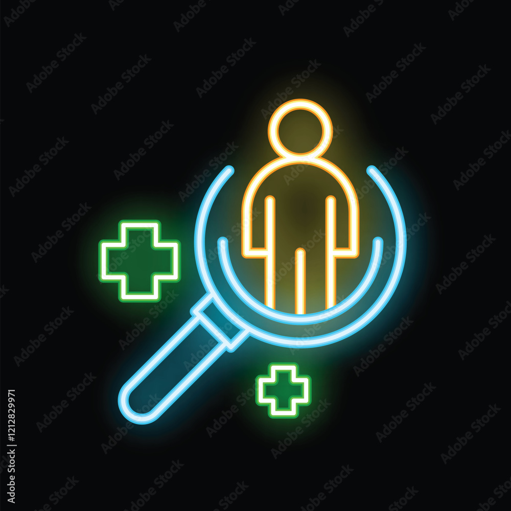 Neon icon representing the concept of patient search for medical treatment or healthcare Neon icon representing the concept of patient search for medical treatment or healthcare