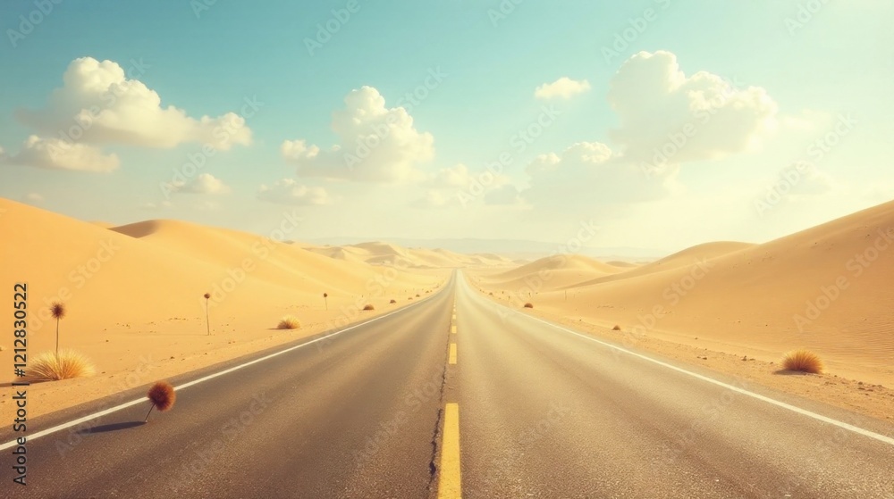 Fototapeta premium Endless Asphalt Journey Across Expansive Sandy Dunes Under a Bright Sunny Sky