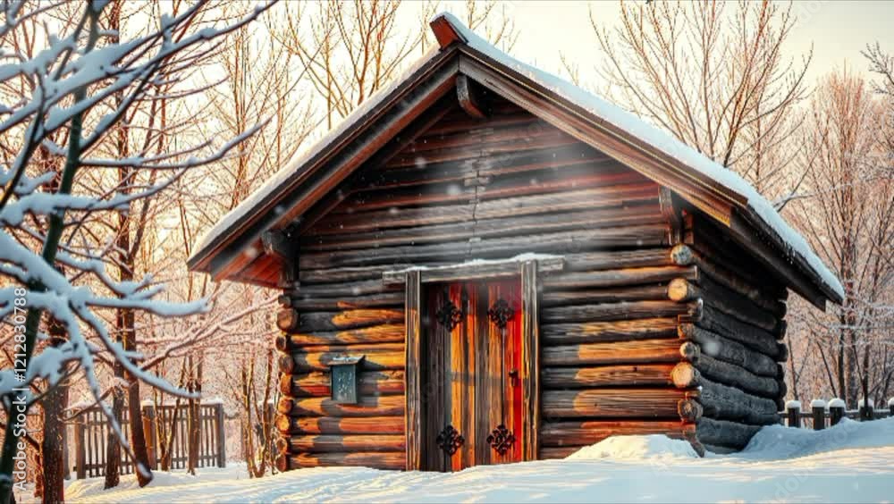 A triangular shaped log cabin, nestled among snow-covered trees amidst a serene winter landscape. seamless looping 4k video background animation A triangular shaped log cabin, nestled among snow-covered trees amidst a serene winter landscape. seamless looping 4k video background animation