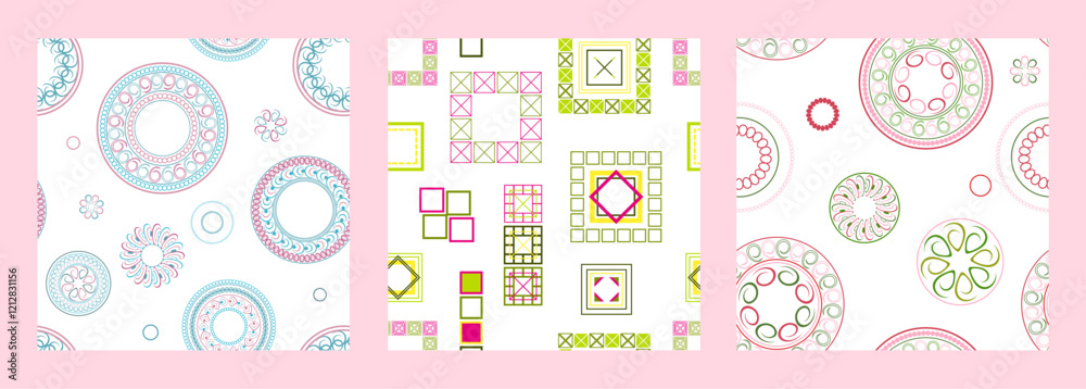 Seamless pattern of geometric shapes. Bright seamless pattern. Set of 3 patterns. Design for fabric, wallpaper, wrapping paper. Vector Seamless pattern of geometric shapes. Bright seamless pattern. Set of 3 patterns. Design for fabric, wallpaper, wrapping paper. Vector