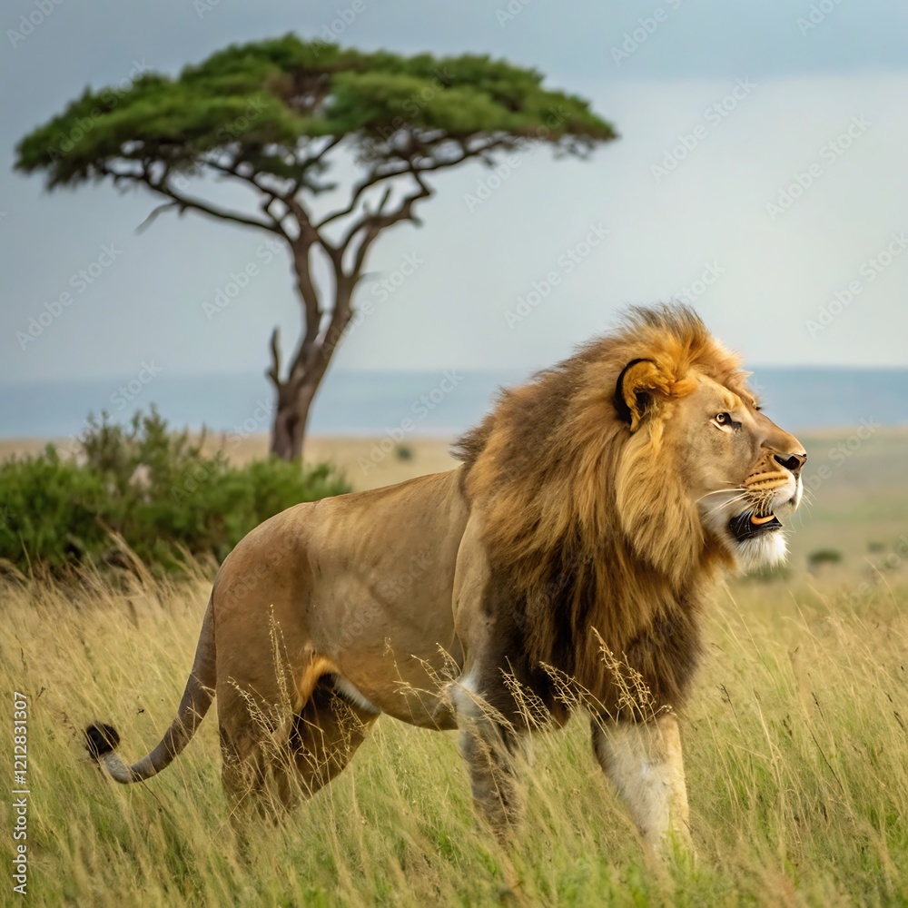 A majestic lion standing tall in golden grasslands, with an iconic African acacia tree in the background, under a serene blue sky. A majestic lion standing tall in golden grasslands, with an iconic African acacia tree in the background, under a serene blue sky.