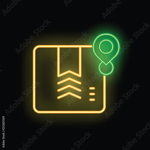 Neon yellow package tracking icon is glowing on a black background