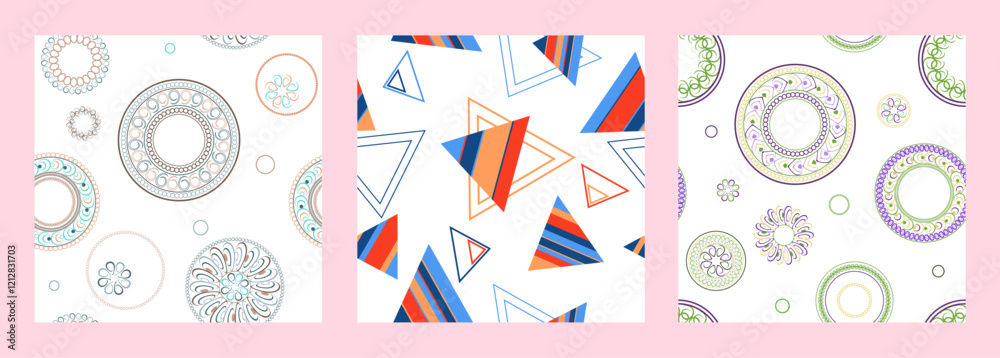Obraz premium Seamless pattern of geometric shapes. Bright seamless pattern. Set of 3 patterns. Design for fabric, wallpaper, wrapping paper. Vector