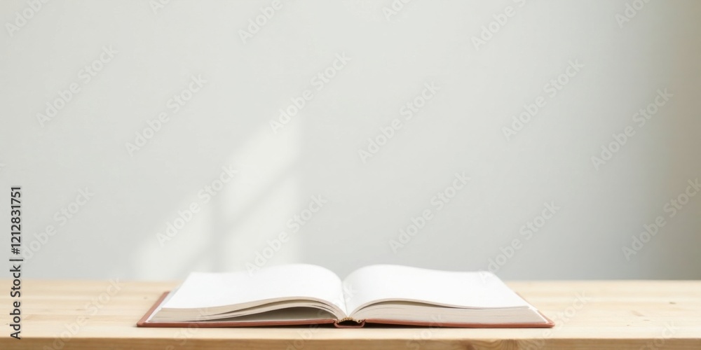 Fototapeta premium Open Book on Wooden Table Against a White Wall, Ready for Your Text or Design