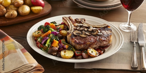 Savory Grilled Pork Chop with Vegetables and Red Wine Beverage