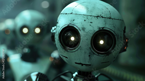 A robot with glowing eyes and a weathered face. photo