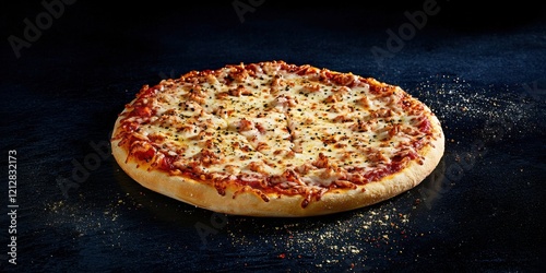 Delicious Cheese Pizza on a Dark Background with Sprinkles of Spice
