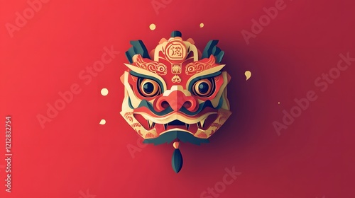 Colorful decorative tiger mask, vibrant red background, intricate details, perfect for festive decorations or cultural themes. photo