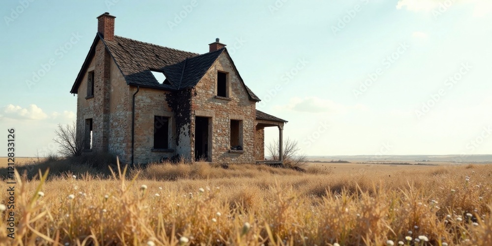 A weathered stone farmhouse stands solitary in a sun-drenched field of tall, dry grass, its broken windows and crumbling facade hinting at a forgotten past. A weathered stone farmhouse stands solitary in a sun-drenched field of tall, dry grass, its broken windows and crumbling facade hinting at a forgotten past.