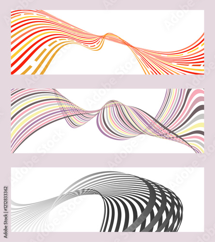 Wavy lines or ribbons. Set of 3 backgrounds. Multicolored striped gradient. Creative unusual background with abstract gradient wave lines to create a trendy banner, poster. vector eps