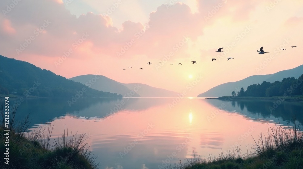Fototapeta premium Serene Sunset Over Calm Lake with Birds in Flight, Peaceful Landscape Panorama