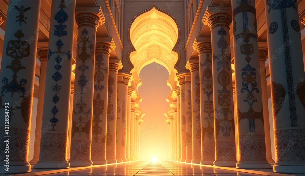 Obraz premium Golden light bathing grand colonnade, ornate columns stretching toward sunrise arch, architectural magnificence radiating spiritual contemplation and historic elegance