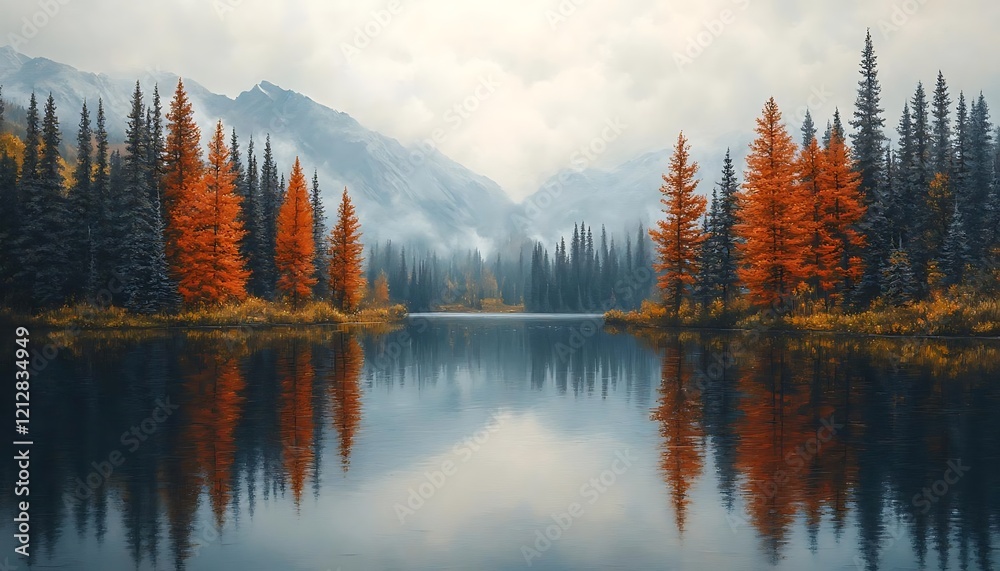 Serene autumnal lake mirroring majestic mountains and vibrant trees. Serene autumnal lake mirroring majestic mountains and vibrant trees.