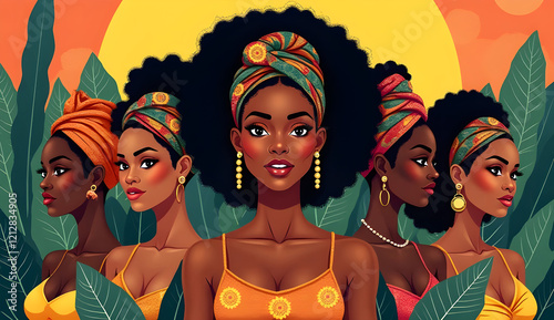 Diverse group of african american women wearing vibrant headwraps, standing confidently against tropical foliage and sunset, embodying cultural pride and sisterhood