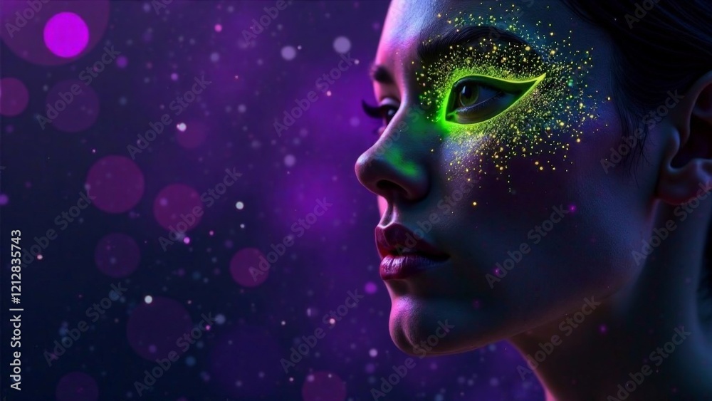 Mardi Gras background with A woman with green eyes and green face paint. The woman is wearing a green eye liner. The background is purple
