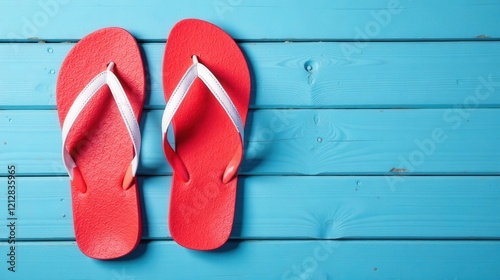 Red flip-flops on a vibrant blue wooden surface, summer vacation footwear, ready for the beach or poolside relaxation. photo