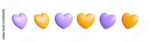 3D yellow and purple hearts. Vector icons.