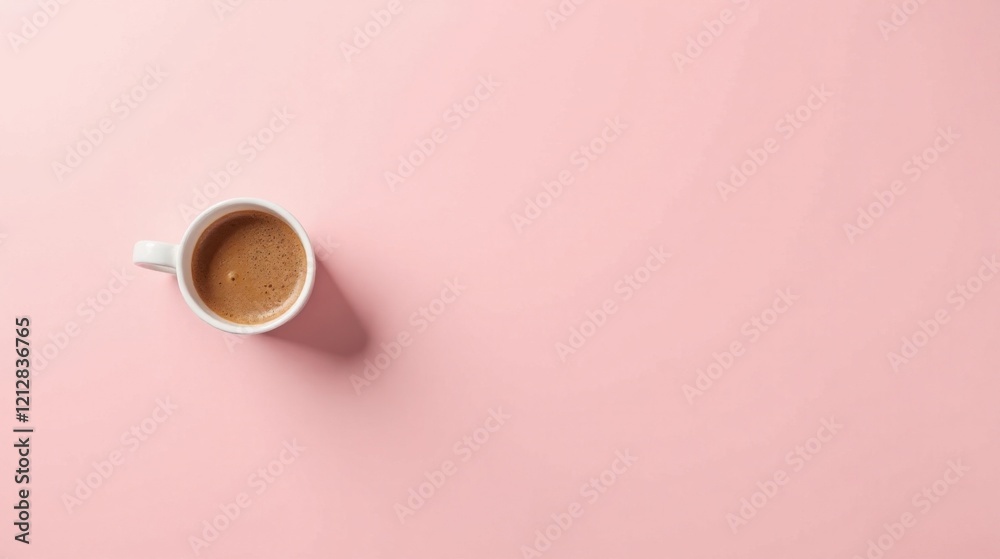A single cup of coffee rests on a soft pink surface, a simple yet elegant image perfect for various design projects needing a touch of minimalist sophistication. A single cup of coffee rests on a soft pink surface, a simple yet elegant image perfect for various design projects needing a touch of minimalist sophistication.