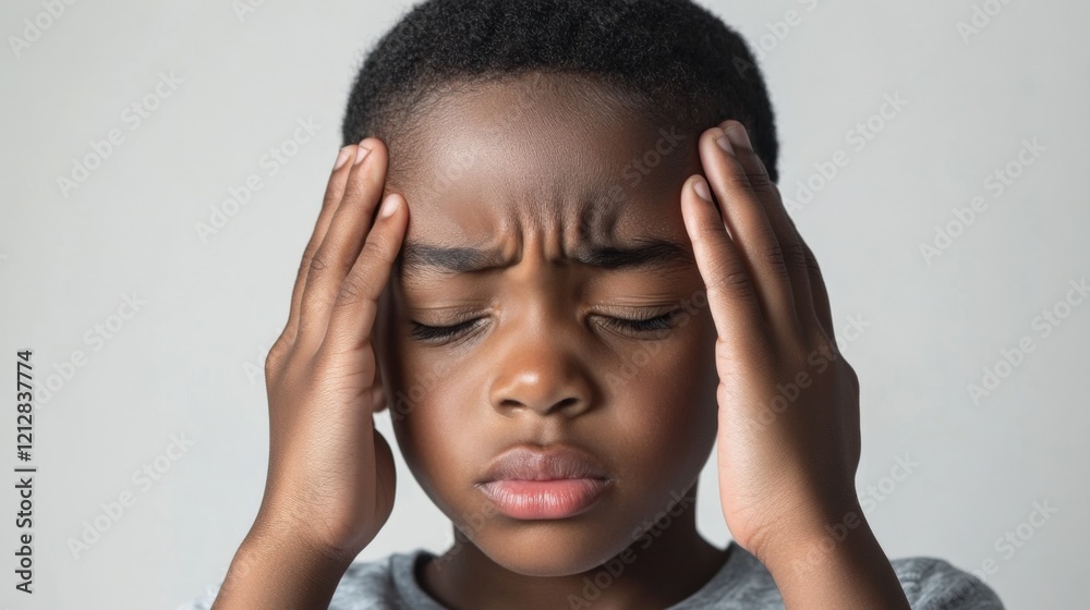 Touching Temples. Little boy experiencing headache and confusion Touching Temples. Little boy experiencing headache and confusion