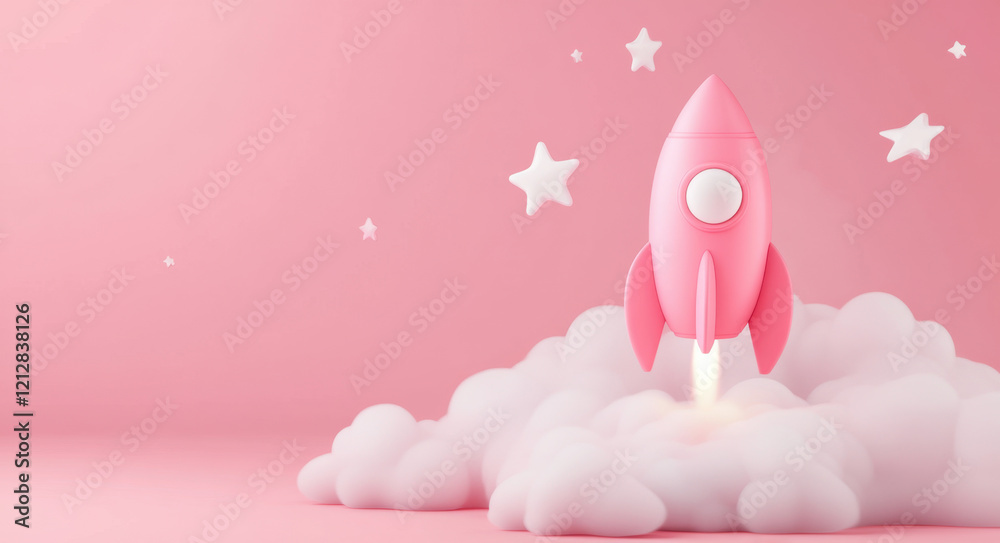 A vibrant pink rocket is taking off from fluffy white clouds, surrounded by twinkling stars on a soft pastel background, creating a whimsical atmosphere. A vibrant pink rocket is taking off from fluffy white clouds, surrounded by twinkling stars on a soft pastel background, creating a whimsical atmosphere.