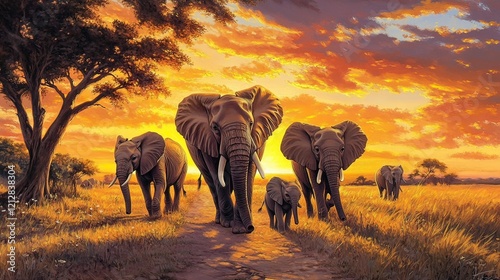 Fototapeta Naklejka Na Ścianę i Meble -  African elephant family sunset savanna walk wildlife art