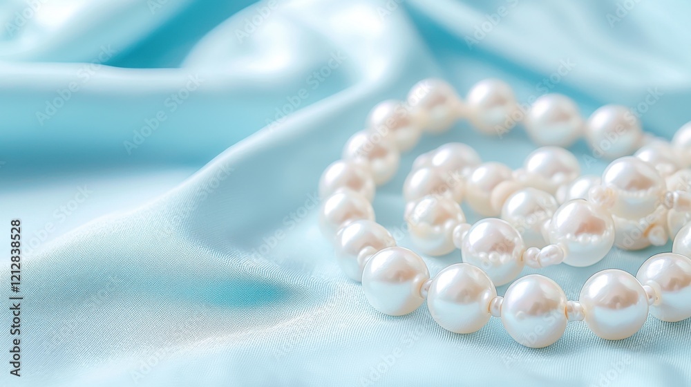 Elegant White Pearls on Soft Blue Silk Fabric for Fashion Accessories Elegant White Pearls on Soft Blue Silk Fabric for Fashion Accessories