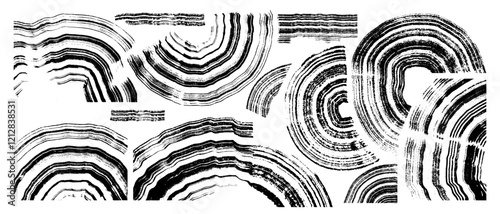 Horizontal banner with pattern of wood texture rings in circle section. Vector elements of texture brush for background design in ecological natural style.