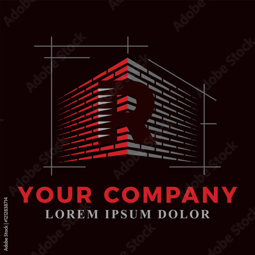 Brick laying construction combined with initial letter R logo design. Construction logo design template 