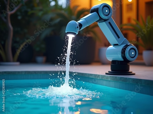 A robotic arm is depicted in a pool, showcasing its ability to dispense water with precision
